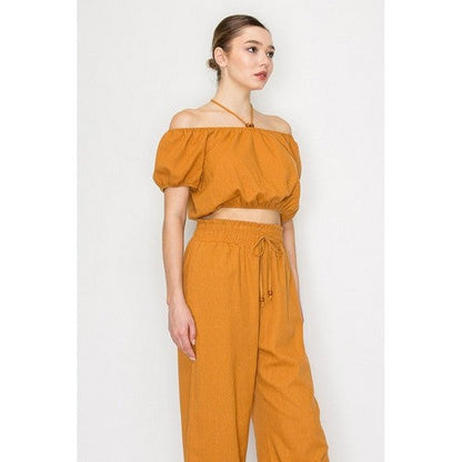 Linen Bead Halter Strap Bubble Crop Top in Light Rust