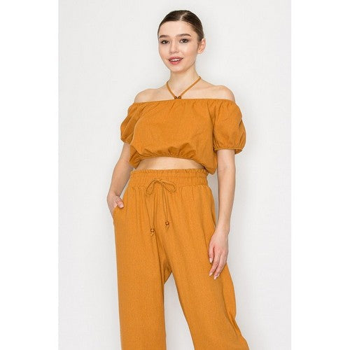 Linen Bead Halter Strap Bubble Crop Top in Light Rust