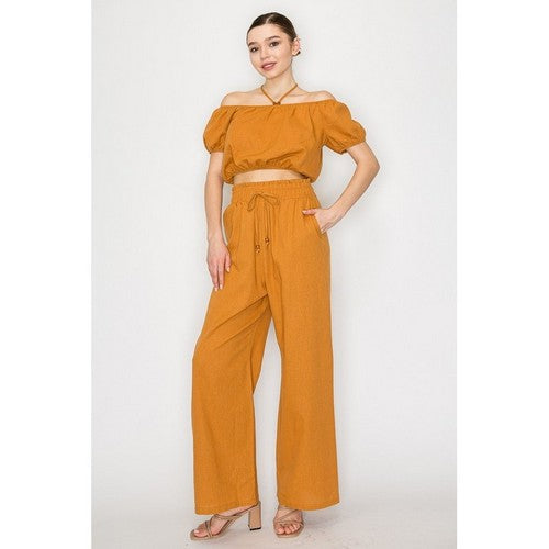 Linen Bubble Top & Wide Leg Pant Set in Light Rust