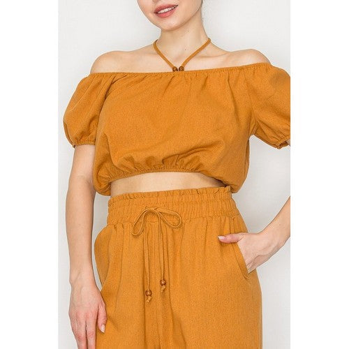 IT92578A Linen Bead Halter Strap Bubble Crop Top in Light Rust