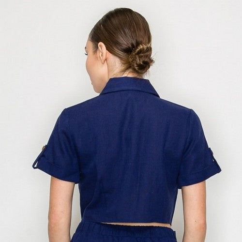 Linen Cargo Shirt & High Slit Midi Skirt Set in Navy