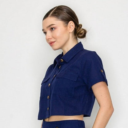 Linen Cargo Shirt & High Slit Midi Skirt Set in Navy