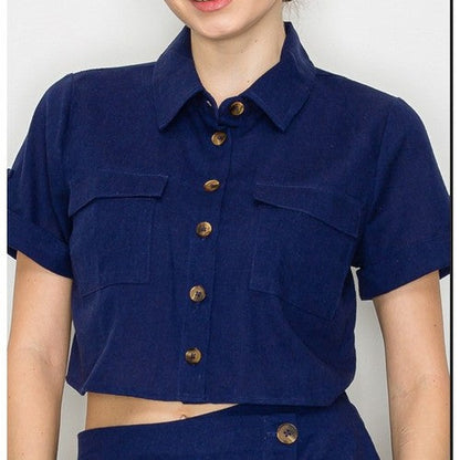 Linen Cargo Shirt & High Slit Midi Skirt Set in Navy