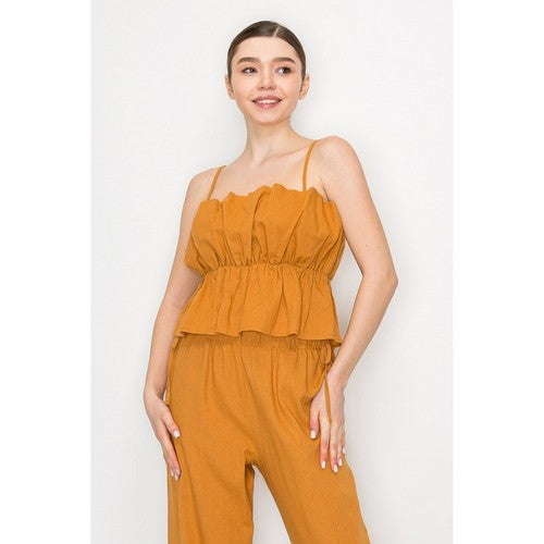 Linen Ruffle Cami Top in Light Rust