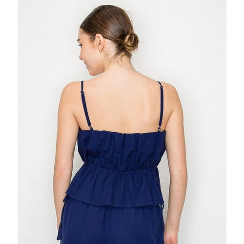 Linen Ruffle Cami Top & High Slit Midi Skirt Set in Navy