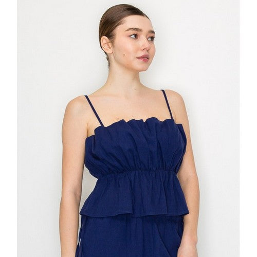 Linen Ruffle Cami Top & High Slit Midi Skirt Set in Navy