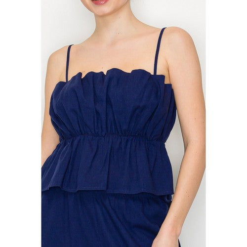 BT03814 Linen Ruffle Cami Top in Navy