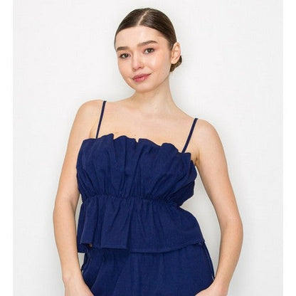 Linen Ruffle Cami Top & High Slit Midi Skirt Set in Navy