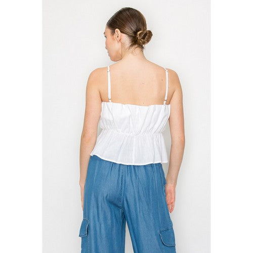 Linen Ruffle Cami Top in White