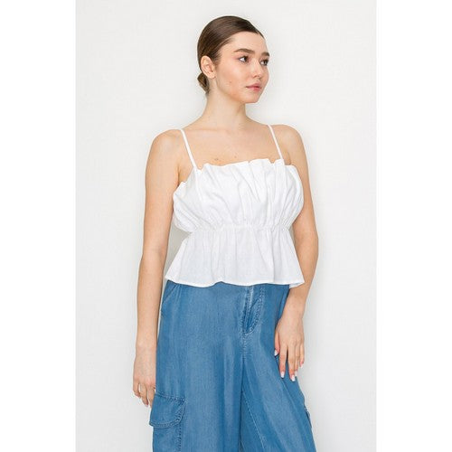 Linen Ruffle Cami Top in White