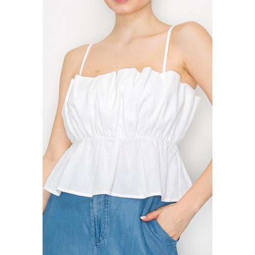 BT03814 Linen Ruffle Cami Top in White
