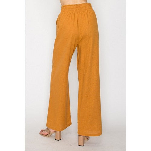 Linen Bead Drawstring  Wide Leg Flare Pants in Light Rust
