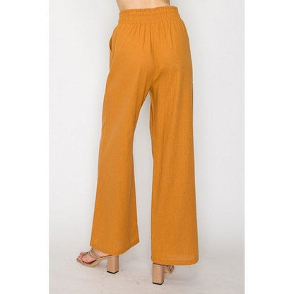Linen Bead Drawstring  Wide Leg Flare Pants in Light Rust