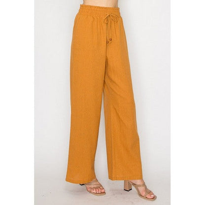 Linen Bead Drawstring  Wide Leg Flare Pants in Light Rust