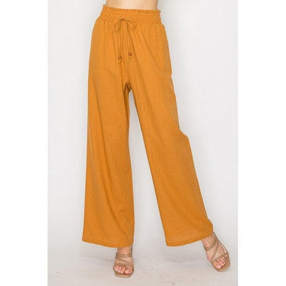 Linen Bead Drawstring  Wide Leg Flare Pants in Light Rust