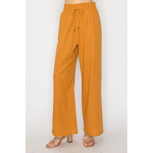 IP9246 Linen Bead Drawstring  Wide Leg Pants in Light Rust