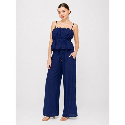 Linen Ruffle Cami & Wide Leg Pant Set in Navy