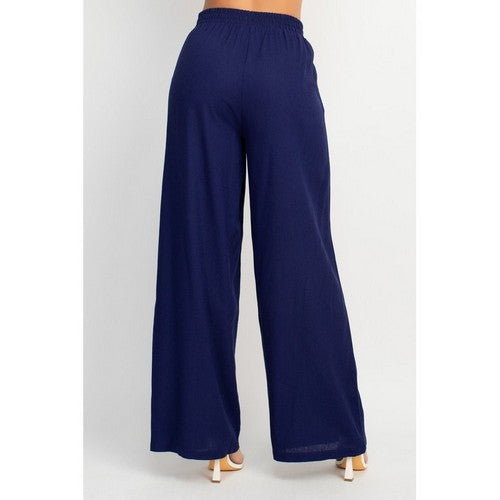 Linen Bead Drawstring  Wide Leg Flare Pants in Navy