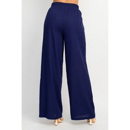Linen Bead Drawstring  Wide Leg Flare Pants in Navy