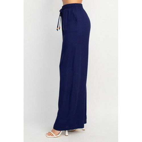 Linen Bead Drawstring  Wide Leg Flare Pants in Navy