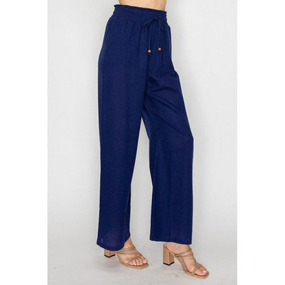 Linen Bead Drawstring  Wide Leg Flare Pants in Navy