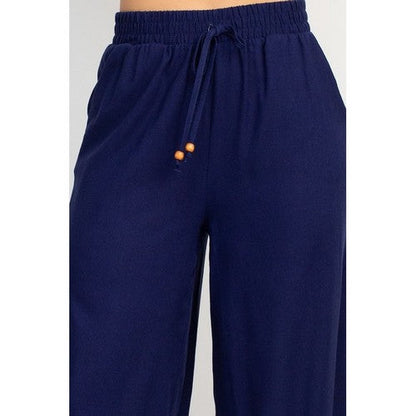 Linen Bead Drawstring  Wide Leg Flare Pants in Navy