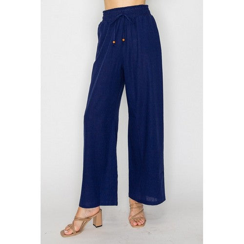 Linen Bead Drawstring  Wide Leg Flare Pants in Navy