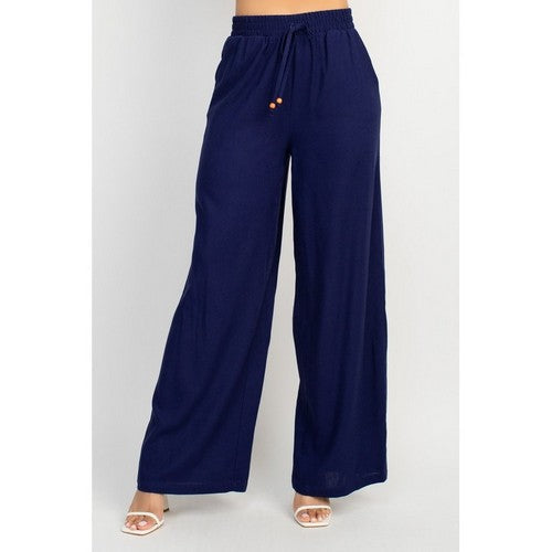 Linen Bead Drawstring  Wide Leg Flare Pants in Navy