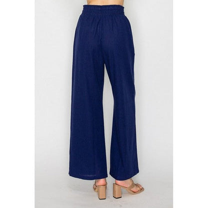 Linen Bead Drawstring  Wide Leg Flare Pants in Navy