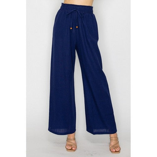 IP9091 Linen Drawstring  Wide Leg Pants in Navy