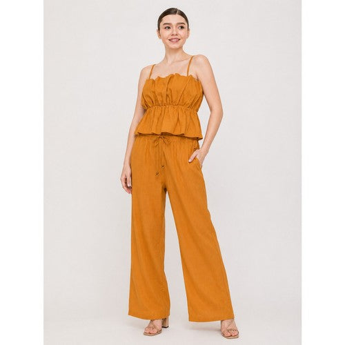 Linen Ruffle Cami & Wide Leg Pant Set in Light Rust
