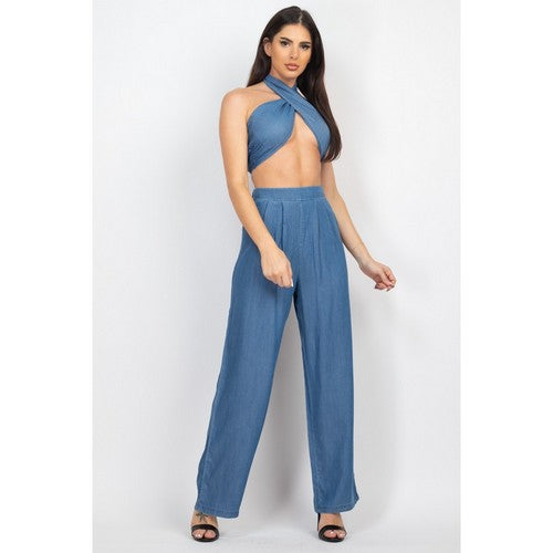 Multiway Tube Top & Wide Leg Pant Set in Medium Denim