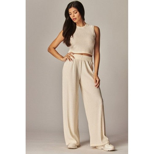 Crinkle Tank & Wide Leg Pant Set in Off White