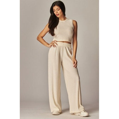Crinkle Tank & Wide Leg Pant Set in Off White
