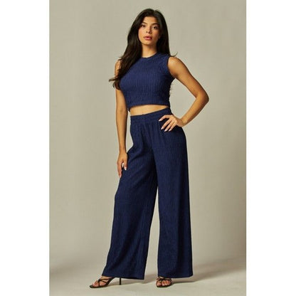 Crinkle Tank & Wide Leg Pant Set in Blue Ink
