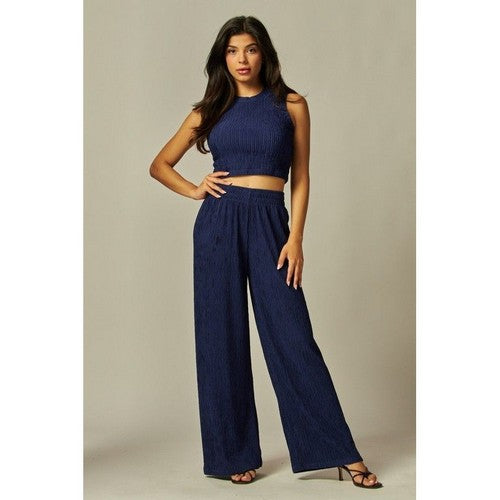 Crinkle Tank & Wide Leg Pant Set in Blue Ink