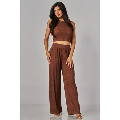 Crinkle Tank & Wide Leg Pant Set in Chestnut Brown