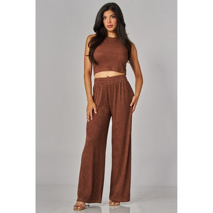 Crinkle Tank & Wide Leg Pant Set in Chestnut Brown