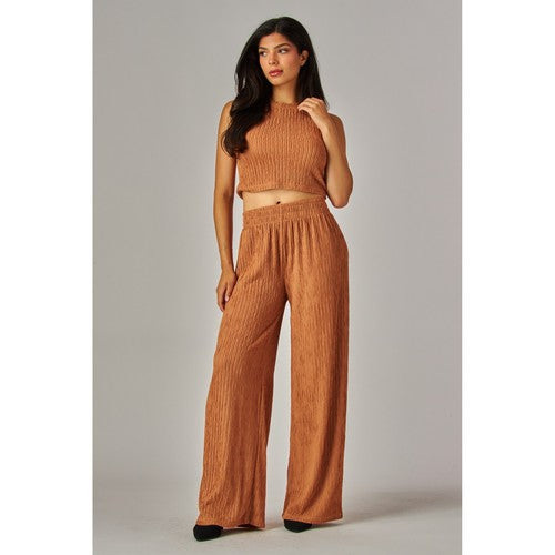 Crinkle Tank & Wide Leg Pant Set in Camel