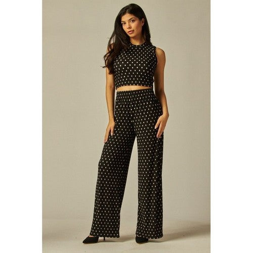 Crinkle Tank & Wide Leg Pant Set in Black & White Polka Dot