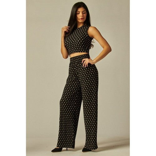 Crinkle Tank & Wide Leg Pant Set in Black & White Polka Dot