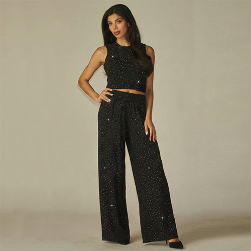 Rhinestone Crinkle Tank & Wide Leg Pant Set in Black