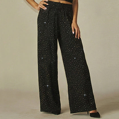 Rhinestone Wide Leg Pants in Black