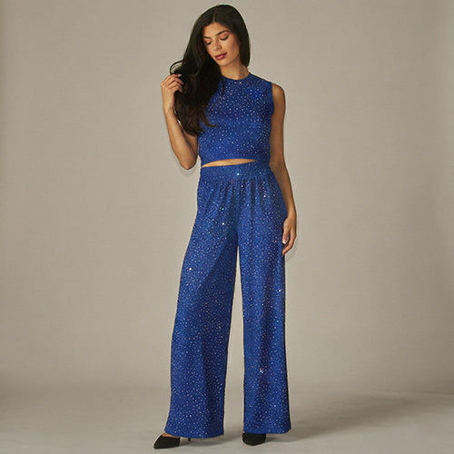 Rhinestone Crinkle Tank & Wide Leg Pant Set in Indigo Blue