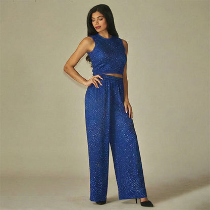 Rhinestone Crinkle Tank & Wide Leg Pant Set in Indigo Blue