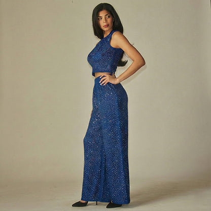Rhinestone Crinkle Tank & Wide Leg Pant Set in Indigo Blue