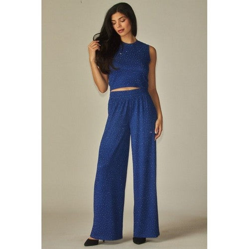 Rhinestone Crinkle Tank & Wide Leg Pant Set in Indigo Blue