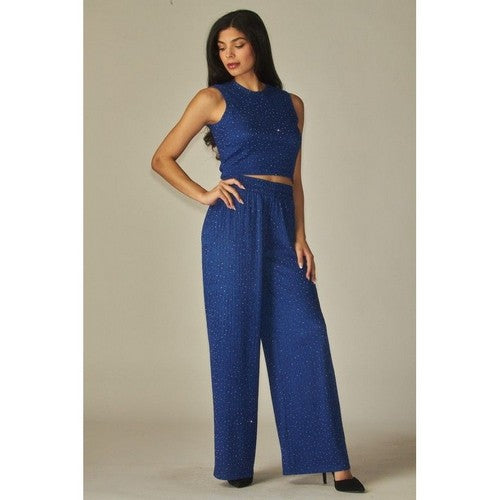 Rhinestone Crinkle Tank & Wide Leg Pant Set in Indigo Blue