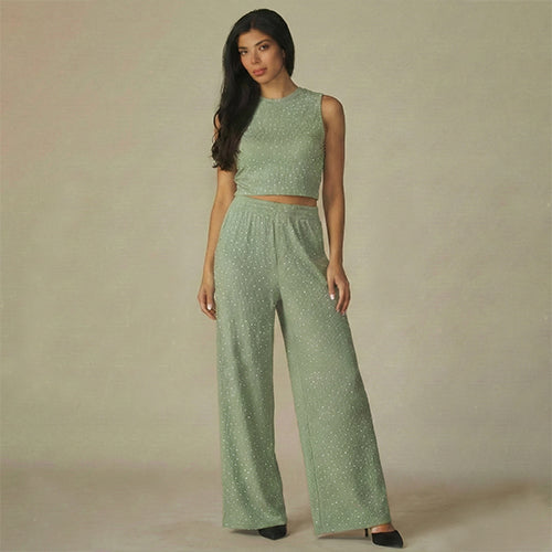 Rhinestone Crinkle Tank & Wide Leg Pant Set in Mint