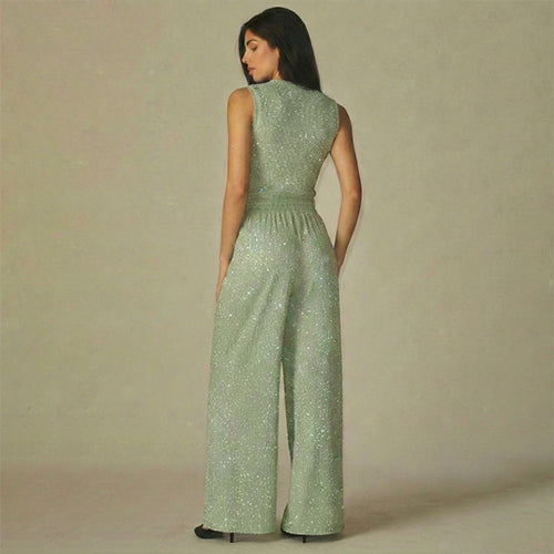 Rhinestone Crinkle Tank & Wide Leg Pant Set in Mint